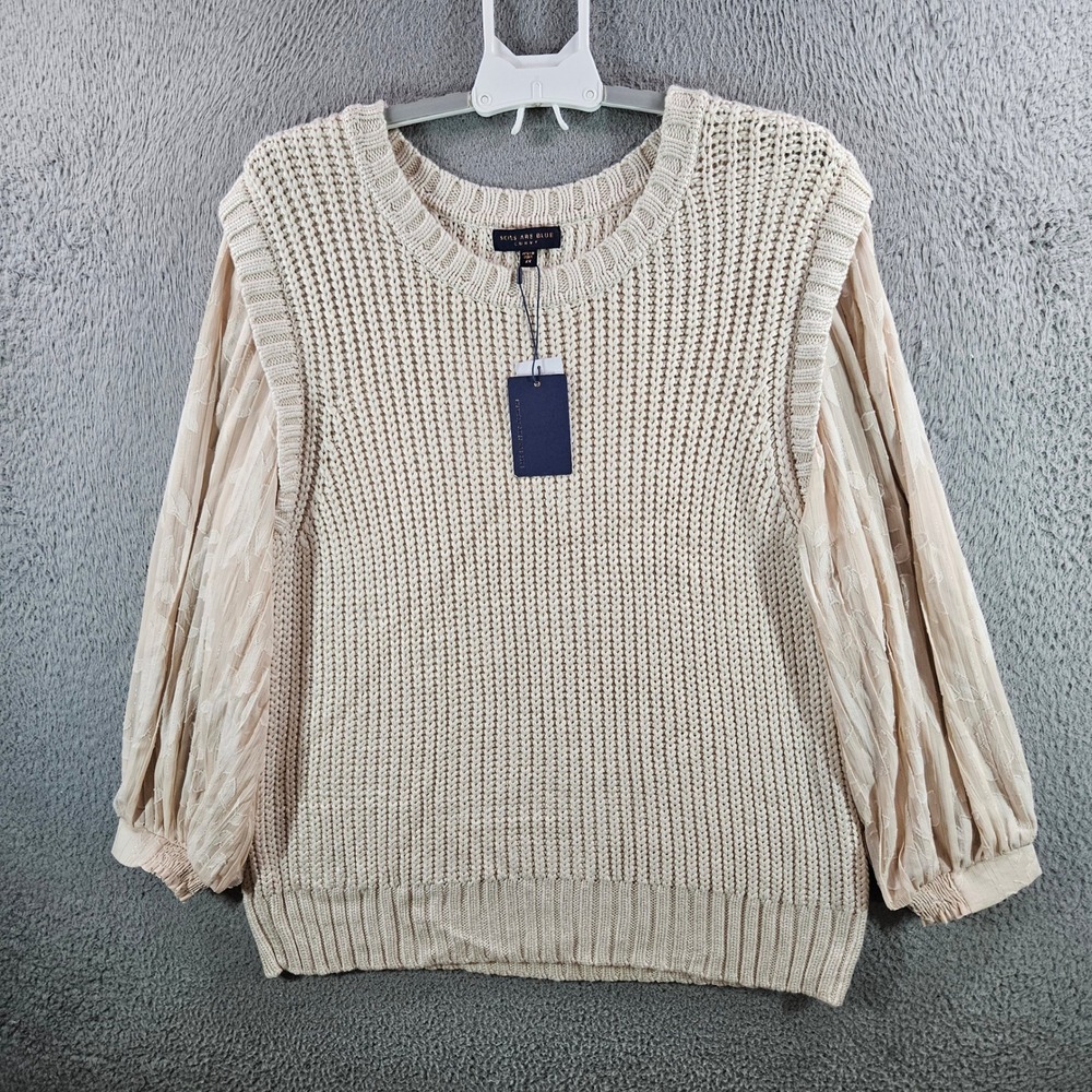 Skies Are Blue Curvy Cream Knit Sweater Sheer Embroidered Balloon Sleeve 3X NEW